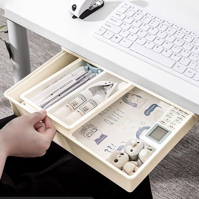Cedilis 3 Pack Under Desk Drawer, Self-Adhesive Desk Organizer Drawers, Hidden Drawers Pencil Tray, Add a Drawer Under Table Easily, Attachable Desktop Organizer for Office School Home, Beige