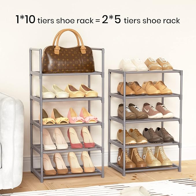 10 Tiers Tall Shoe Rack Narrow 20-24 Pairs Shoe Rack for Closet Entryway Vertical Metal Shoe Rack Organizer Shoe and Boots Organizer Storage Sturdy Shoe Shelf Shoe Stand Gray