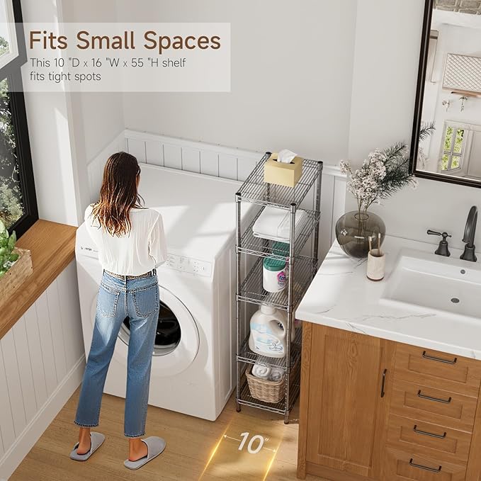 Golpart Small 5 tire Shelves Storage Wire Shelving Unit Metal Shelf Adjustable Organizers Storage Shelving for Bathroom Laundry Room Kitchen Pantry10”D x 16”W x 55”H Silver