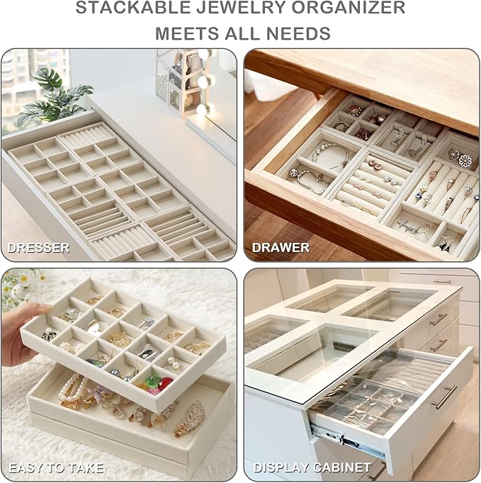 4-Set Jewelry Organizer for Drawer, Stackable Velvet Jewelry Trays with Removable Dividers, Earring and Necklace Holder for Dresser, Perfect as a Vanity Tray for Women