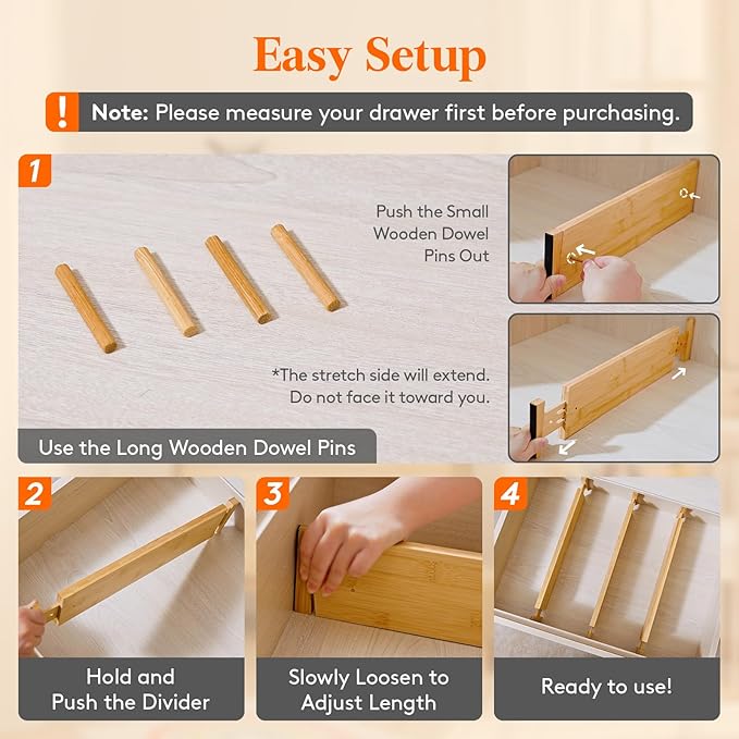 4" High 8 Pack Bamboo Drawer Dividers 43-54cm/17-21.5" Adjustable Wooden Drawer