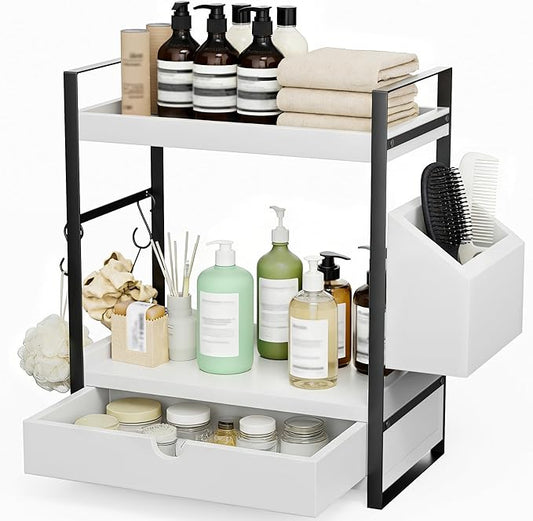 2-Tier Bathroom Counter Organizer with Drawer, Basket & Hooks, White