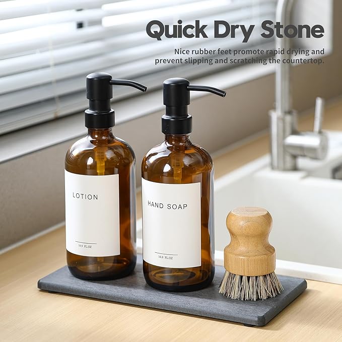 2PCS 10"x 5" Large Bathroom Sink Vanity Trays, Water Absorbing Diatomite Stone Quick Drying Mat for Kitchen Counter, Dish Rack Dispensers Sponge Holder Caddy Organizer, Dark Gray,