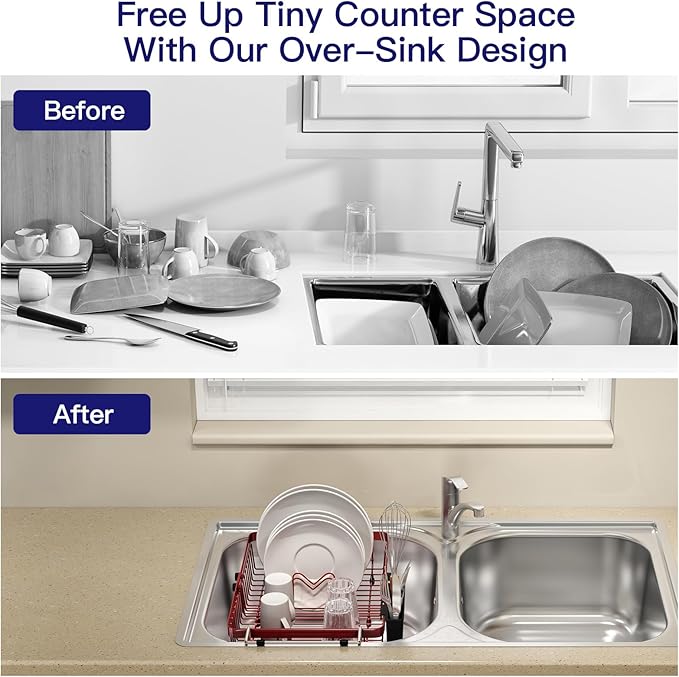 MAJALiS Red Dish Drying Rack Over The Sink, Expandable Stainless Steel Dish Drainer for Small Kitchen Counter Space Saving, RV Compact Plate Strainer in Metal with Hanging Adjustable Utensil Holder
