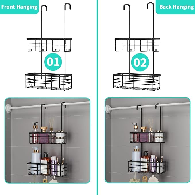 Hanging Shower Caddy Organizer, No Drilling Shower Organizer with Hooks, Black