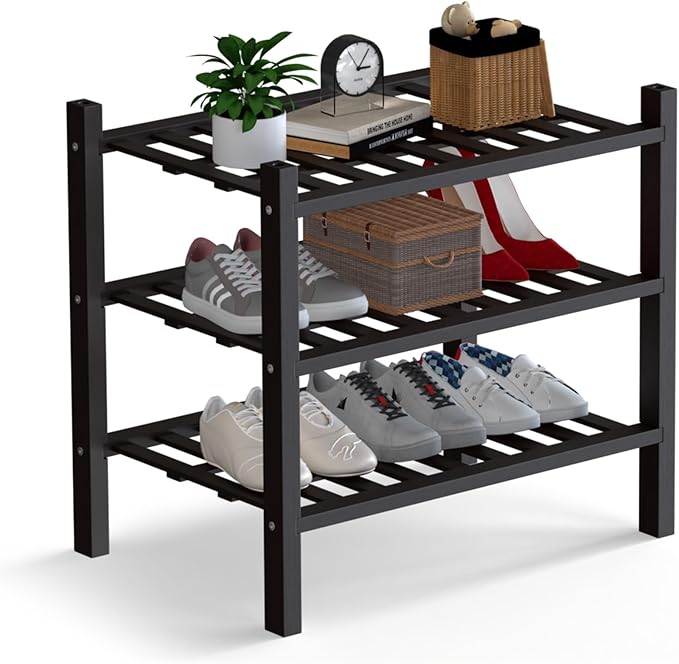 Haddockway Small 3 Tier Bamboo Shoe Rack Storage Organizer, Multifunctional Free Standing Stackable Shoe Shelf with Grid Panel for Closet,Hallway,Entryway,Small Space 18"x11"x17"