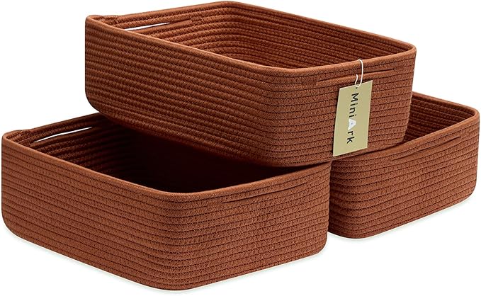 MiniArk Large Shallow Organizing Baskets 15x11x5.1 Inches - Rope Woven Storage Bins for Bathroom, Shelves, Cube Closet, Red 3 Packs