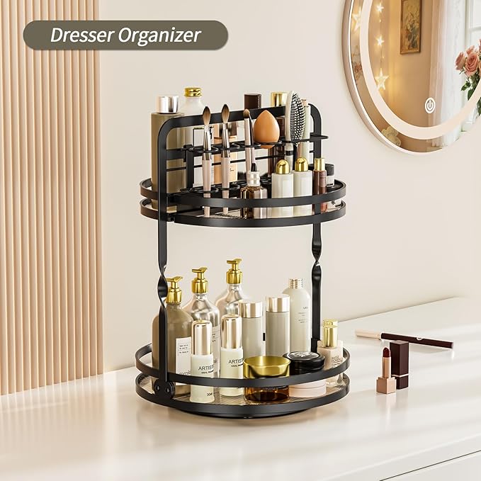 360° Rotating Makeup Organizer, 2-Tier Black Perfume Organizer for Dresser