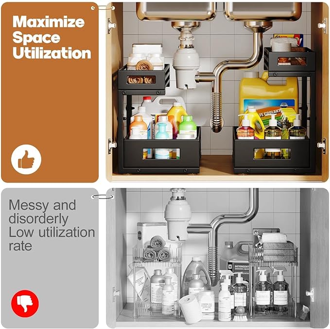 2-Pack Under Sink Organizer and Storage,2-Tier L Shape Pull Out Cabinet Organizer With Round Tube Slide Rails,Hight Adjustable Slide Out Drawers for Kitchen&Bathroom,Multi-Purpose Shelf-Black