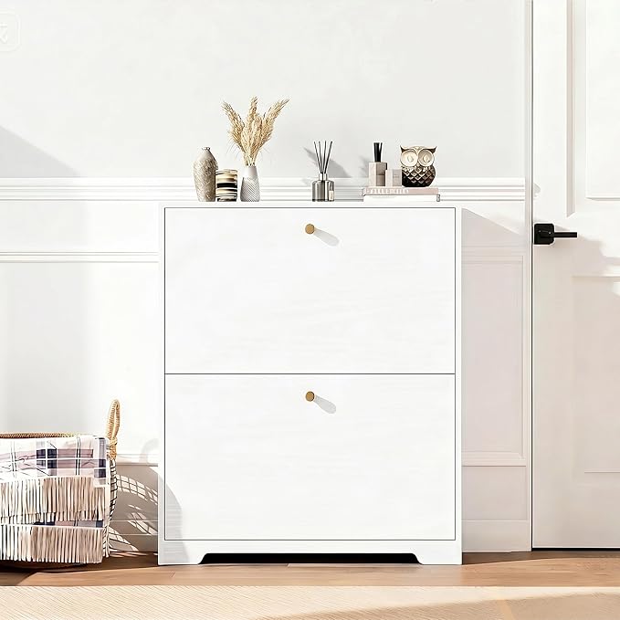 Nicetree Shoe Cabinet with 2 Flip Drawers, Narrow Shoe Organizer Cabinet, Freestanding Shoe Rack Cabinet, Modern Shoe Storage Cabinet for Entryway, Hallway, Foyer, White with Hook