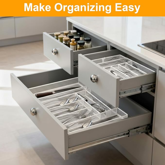 2 Pcs Utensil Drawer Silverware Organizer, White