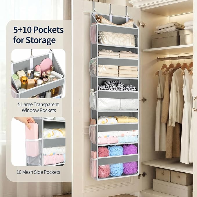 Yecaye Over the Door Organizer 5 Tiers, Heavy Duty Hanging Storage with 5 Large Clear PVC Pockets and 10 Side Pockets, 56lbs Capacity for Closet Door Bathroom Bedroom Nursery Dorm Laundry Room, Grey