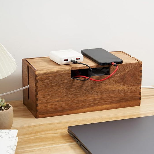 Acacia Wood Cable Management Box, Wooden Cord Hider & Organizer for Power Strip