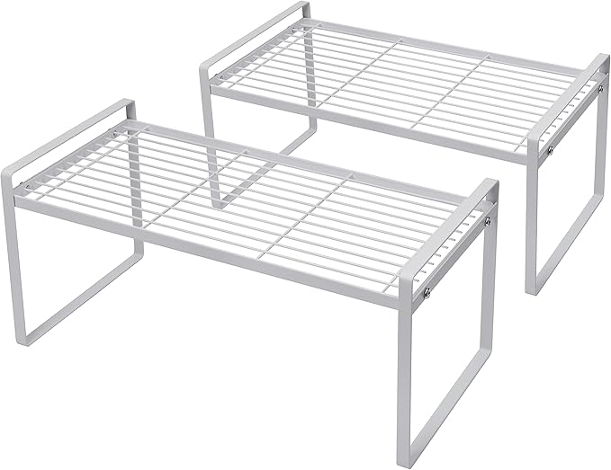 Shantton 2Pack Cabinet Shelf Organizer Storage Rack Space Saving for Kitchen Counter Pantry Bathroom Cupboard Under Sink Office Table Desk Steel Stackable Rust Resistant Heavy Duty Nonslip 16” White