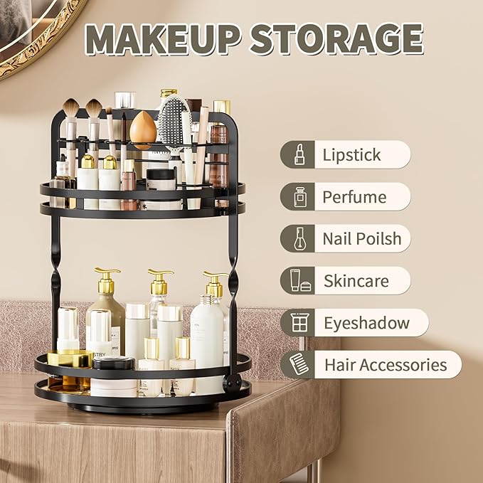 360° Rotating Makeup Organizer, 2-Tier Black Perfume Organizer for Dresser