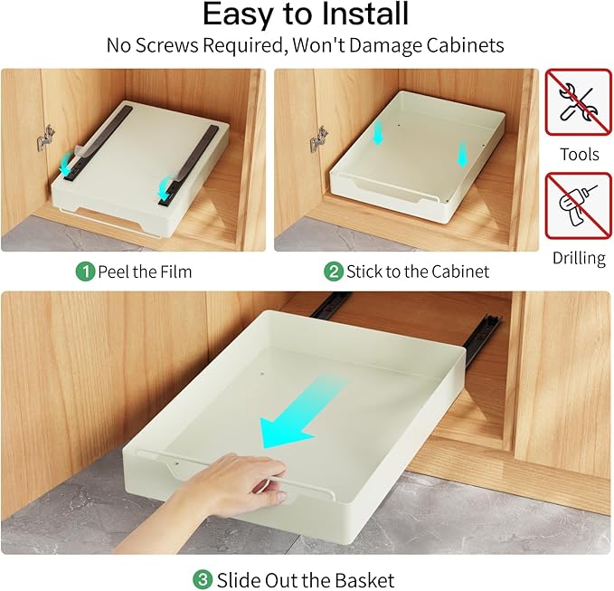 iSPECLE Cabinet Drawer Slide Out - Peel and Stick Pull Out Drawer for 13" Wide Cabinet and Above, No Screw Adhesive Cabinet Drawer Easily Slide to Get Item Without Digging, Avoid Item Fall Out, Black