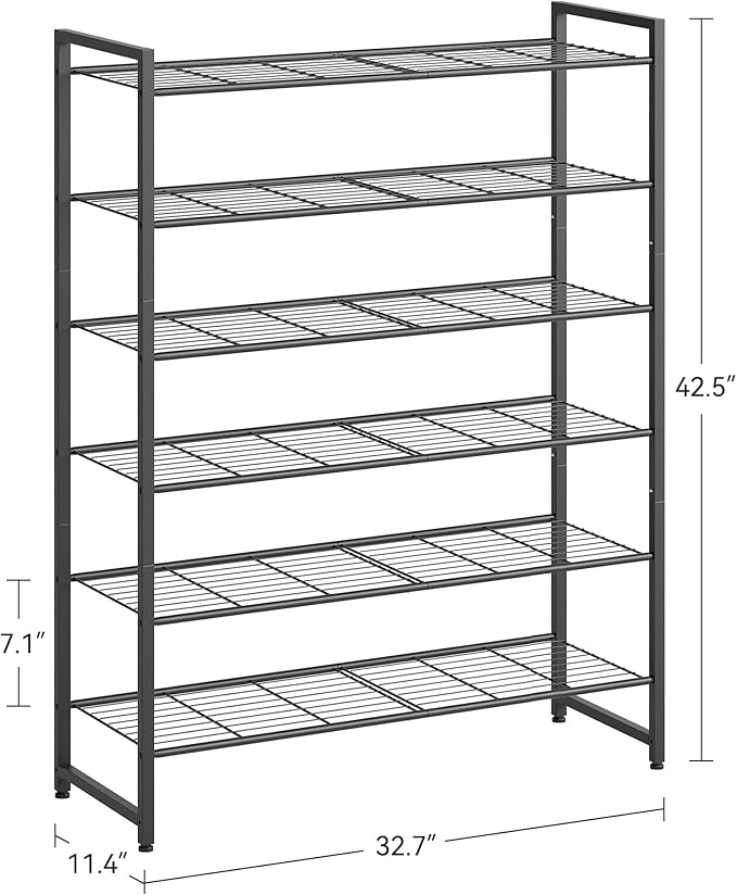 Nunsino Shoe Rack, Metal Shoe Organizer, 6 Tier Garage Shoe Rack Max Holds 30 Pairs,Shoe Storage Shelf for Closet,Entryway, Black