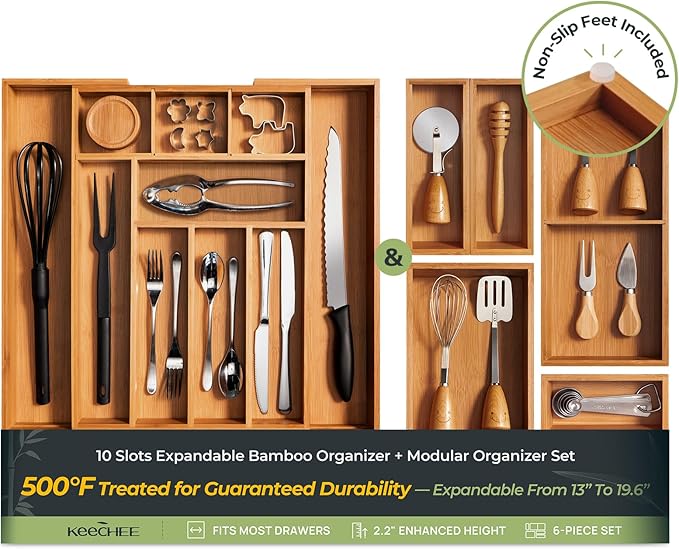 6-Piece Bamboo Drawer Organizer Set, 2.2" Deep Multi-Use Organizers for Utensils