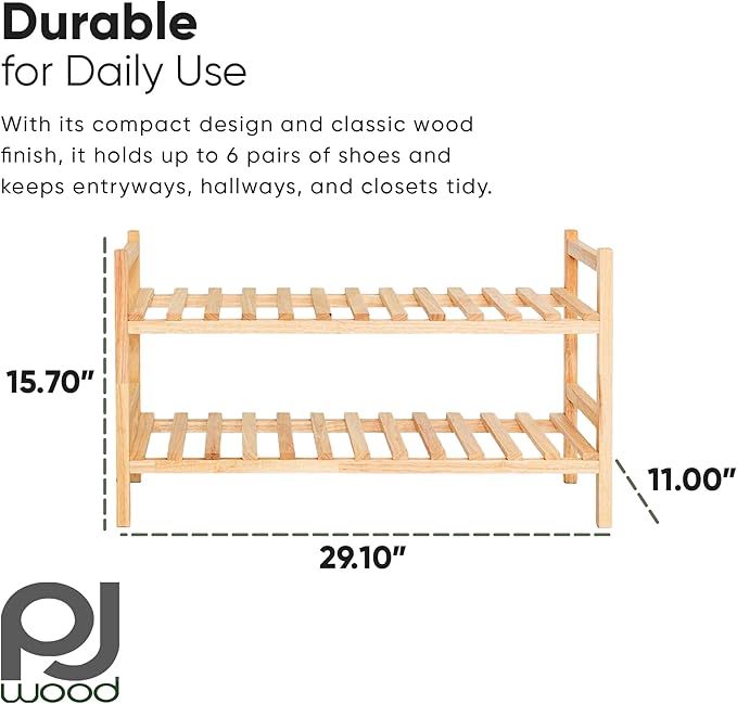 PJ Wood Stackable Wooden Shoe Rack Organizer for Closet Storage, Entryway Shelves, Tiered Cabinet for Shoes, 6 Pair Capacity, Natural