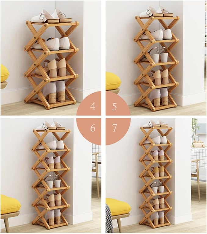 Foldable Shoe Rack, Bamboo Vertical Shoe Organizer Tall for Small Spaces. Multifunctional Narrow Shoe Shelf for Entryway, Closet, Corner, Bedroom, Hallway, Wood Color 4 Layers