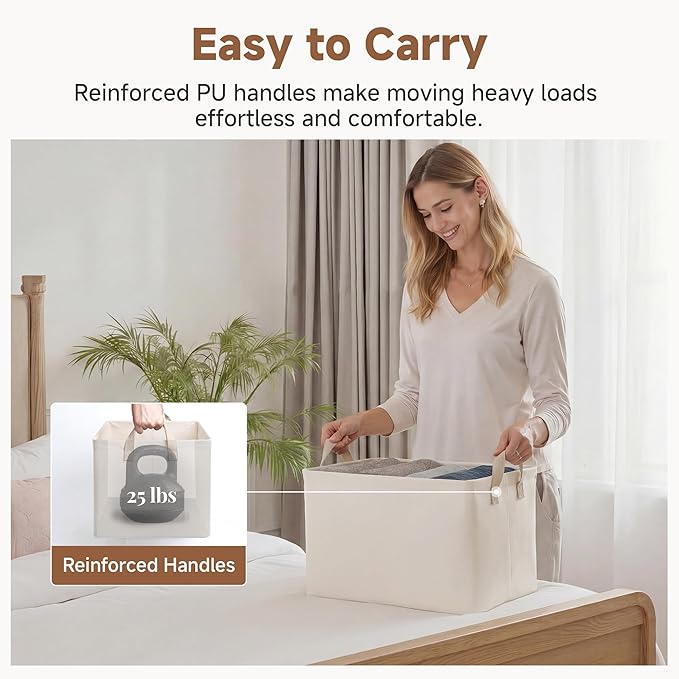 StorageWorks Fabric Storage Bins, Large Storage Baskets for Shelves, Closet Organizers and Storage Bins with Metal Frame, Handles, Beige, Cool Silky Fabric, 2-Pack