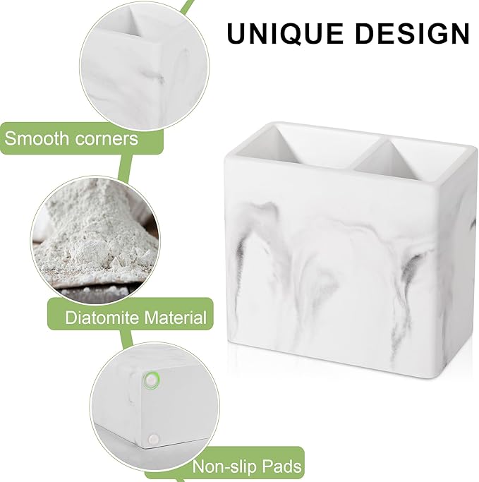 Diatomite Toothbrush Holder 2 Slots Tooth Brush Holder for Bathroom, Kids Electric Toothbrush and Toothpaste Organizer for Countertop, Shower, Vanity, Marble White