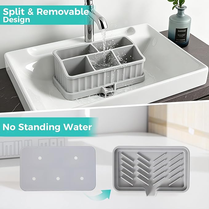 Silicone Toothbrush Holders for Bathrooms, 5 Slots Detachable Toothbrush and Toothpaste Holder, Bathroom Countertop Organizer and Storage (Grey)