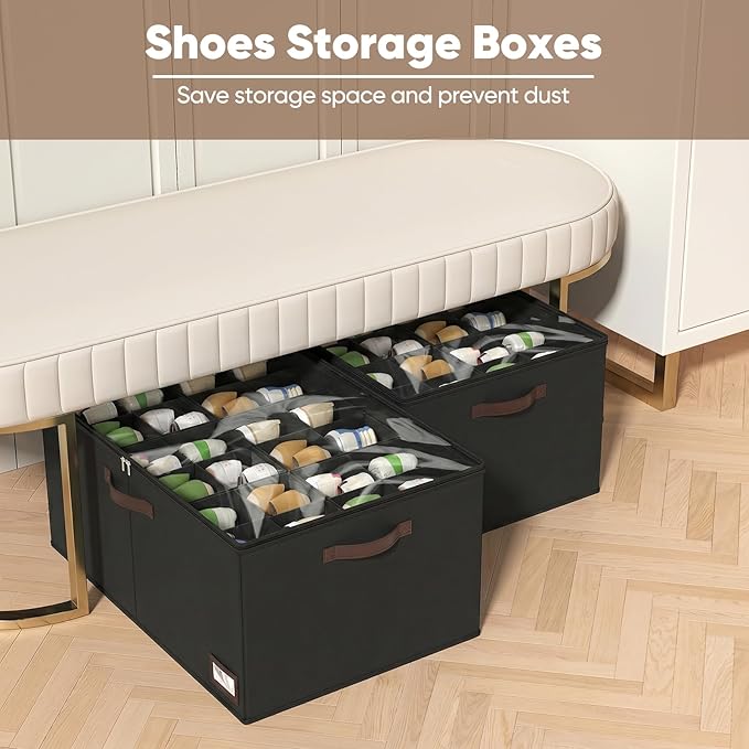 OIAHOMY 2 Pack Shoe Organizer for Closet, Large Foldable Shoe Storage Bins with Dividers and Reinforced Handles, Each Clear Cover Sneaker Box Fits Up to 24 Pairs for Entryway and Bedroom, Black