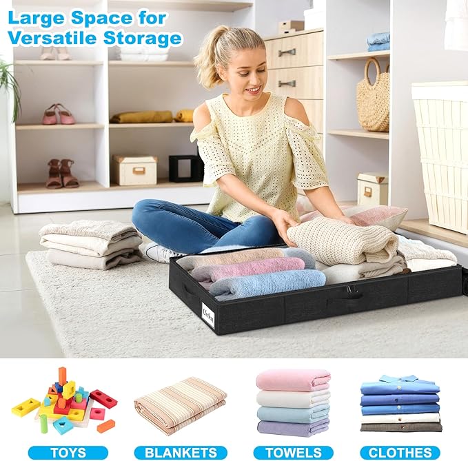 Under Bed Storage Container Bins 2 Pack, 4 Inch Thin Low Profile Underbed Clothes Storage Organizer for Dorm & Home, Use for Blanket and Toy Storage Box W/ Sturdy Bottom/Sides, Foldable Thick Fabric