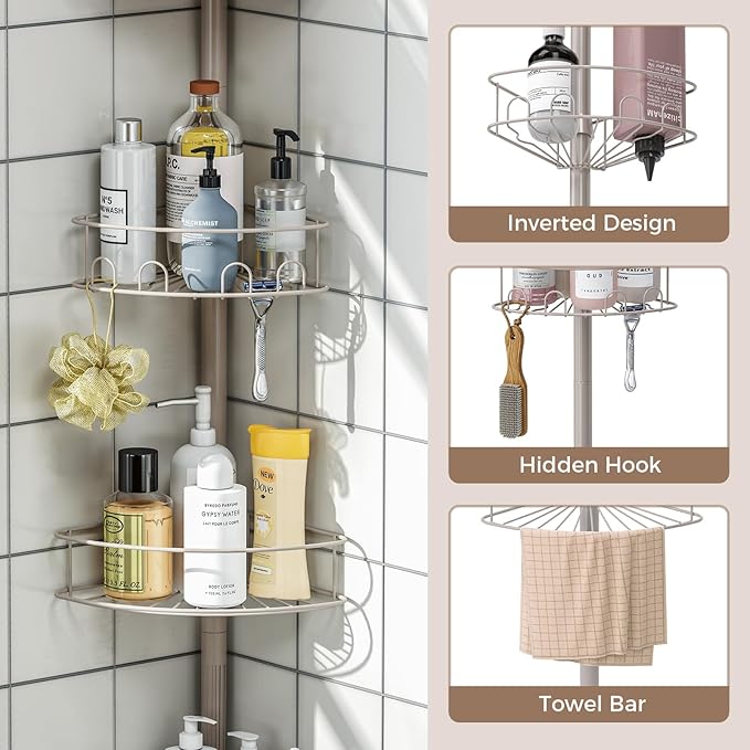 Corner Shower Caddy Tension Pole, 4 Tier Adjustable Bathroom Organizer Shelves
