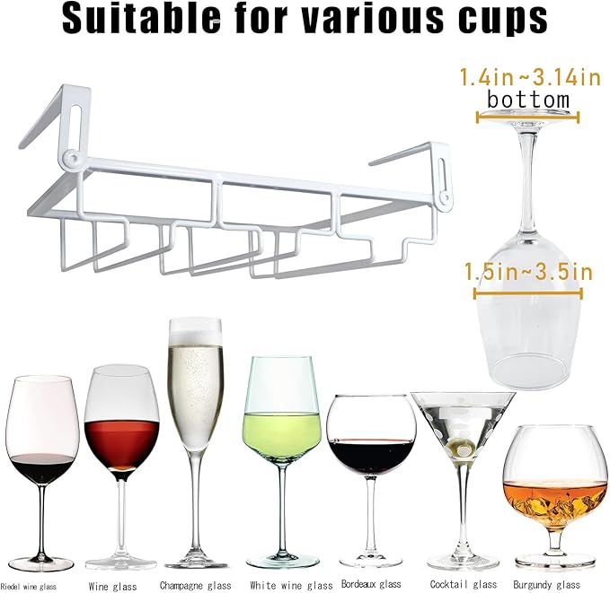 Adjustable Under Cabinet Stemware Holder, White, 3 Rows