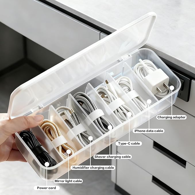 Cable Organizer Box with 7 Wire Ties, 1 Pack Desktop Cord Management Storage Case with Lid, 7 Compartments for Chargers Cables for Office Home Desk Accessories Cords (White)