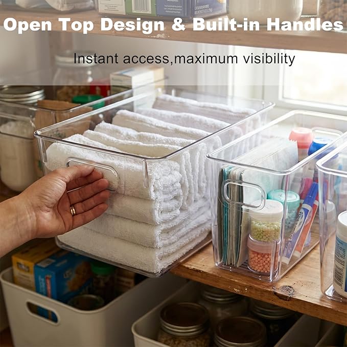 MOONEDGE 10 Pack Clear Plastic Storage Organizer Bins – 4 Large & 6 Deep Narrow, Nestable Space-Saving Storage Containers for Under Sink, Bathroom, Kitchen, Pantry & Cabinet Organization
