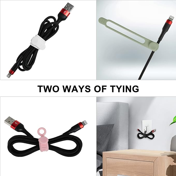 Silicone Cable Ties Cord Organizer for Bundling Earphone, Phone Charger, Computer Cords, Reusable Wire Organizer Cable Management in Home,Office,Kitchen,School (5 Colors x10Pcs)
