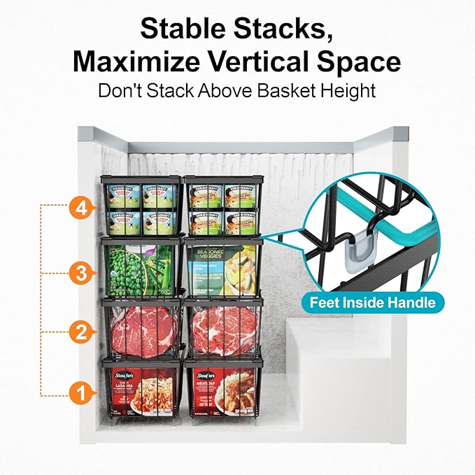 iSPECLE Freezer Organizer Bins - Fits 7 Cu.Ft Chest Freezer, 4 Pack Stackable Deep Freezer Organizer Bins (14.7" L) Easy Get Bottom Food with Handle, Wire Baskets Rust Resistant Sort Frozen Food