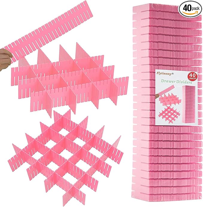 40Pcs Drawer Dividers, Adjustable Drawer Organizer for Socks, Dresser Pink