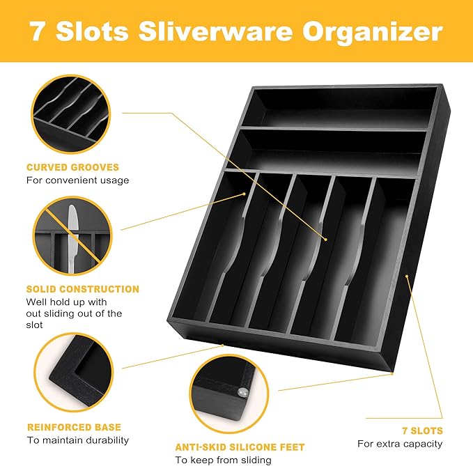 Kitchen Bamboo Silverware Organizer, Kitchen Drawer Organizer, Black