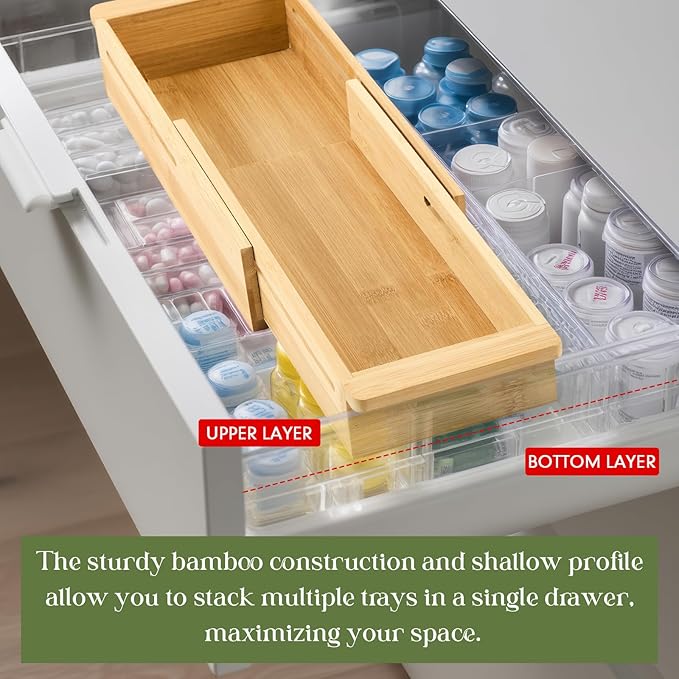 LemonRoad 1 Pcs Sliding Drawer Organizer Bin Bamboo Drawer Expandable Bins Utensil Organizer for Kitchen Spoons Forks Knives (Wood)