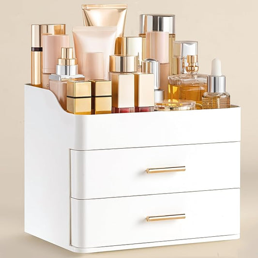 Makeup Organizer for Vanity with 2 Drawers, All White