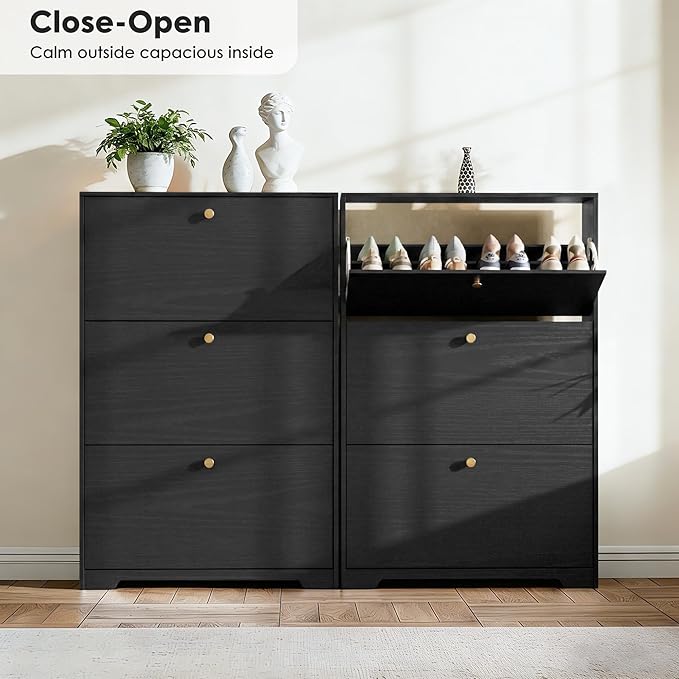 Nicetree Shoe Cabinet with 3 Flip Drawers, Narrow Shoe Organizer Cabinet, Freestanding Shoe Rack Cabinet, Modern Shoe Storage Cabinet for Entryway, Hallway, Foyer, Black with Hook
