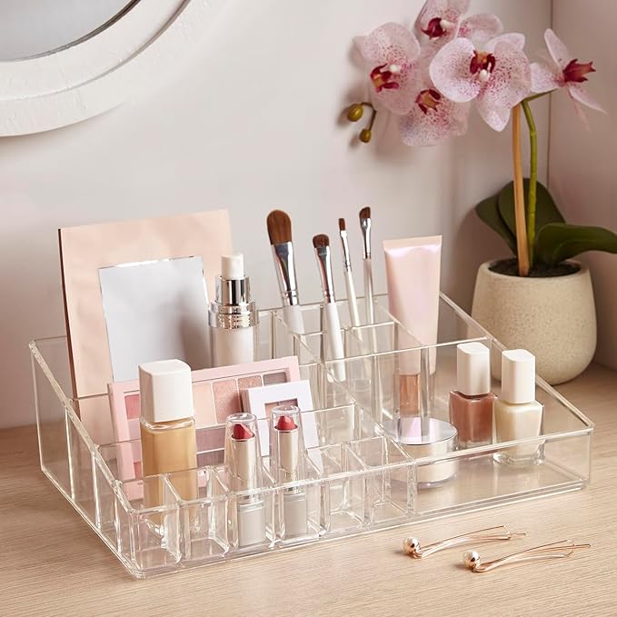 Audrey Clear Vanity Makeup Organizer, 15-Compartment Holder for Brushes