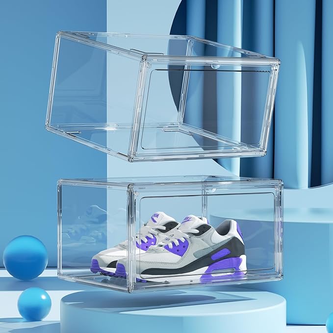 HIYOHIYO 1 Pack Clear Shoe Storage Boxes Stackable for Sneaker, Shoe Box Storage Bins, Fully Transparent Display Case with Magnetic Door Suitable for Ankle, Boots, High Heels, Fit US Size 14