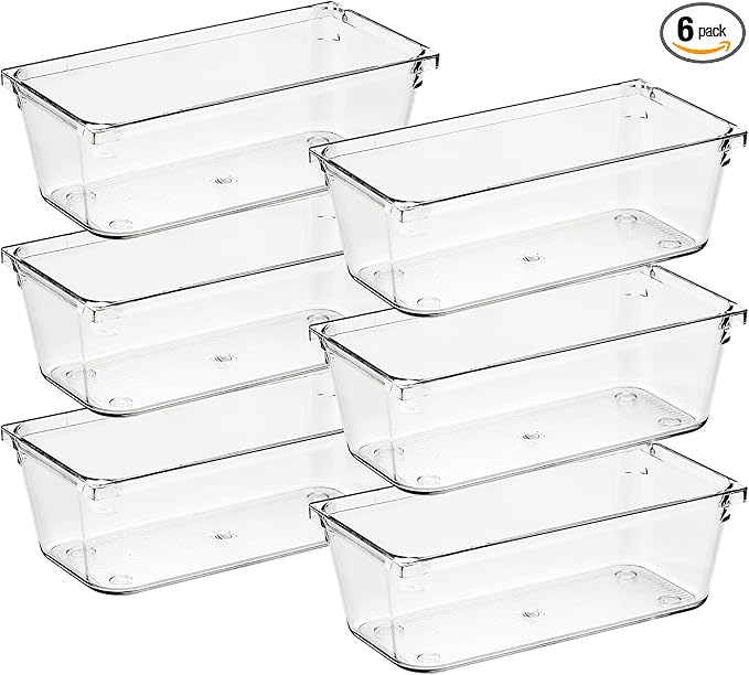 6 Pack Drawer Organizer, 3" X 6" Plastic Storage Bins