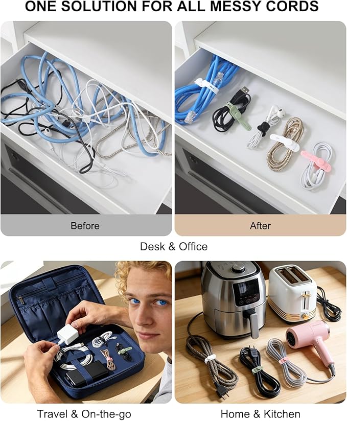OneLeaf 16Pcs Premium Soft Silicone Cable Ties, Reusable Cord Organizer with Secure Buckle for Phone Charger, Bathroom & Home Organization, Tangle-Free Wire Keepers for Apple Cables - White