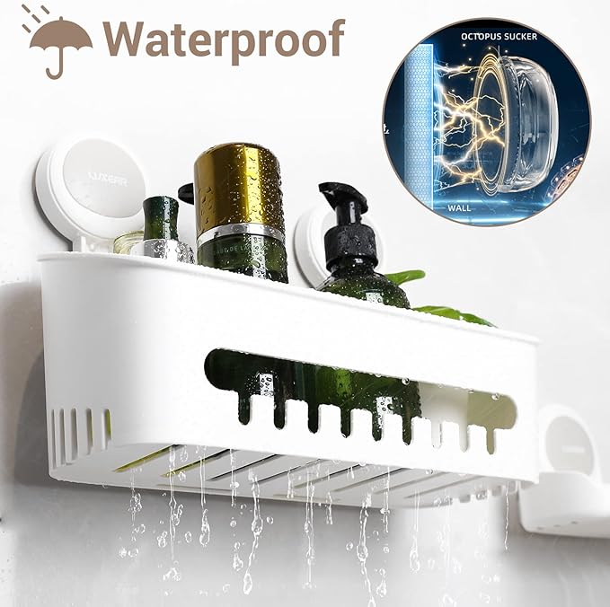 LUXEAR Shower Caddy Suction Cup 2 Pack Suction Shower Basket + Soap Dish Holder NO-Drilling Removable One Second Installation Shower Organizer Powerful Waterproof Bathroom Caddy Storage