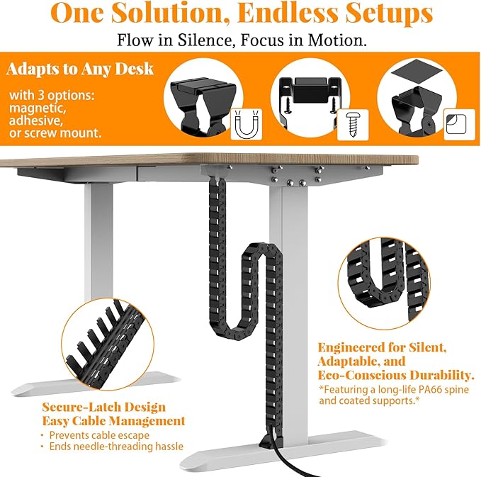 Standing Desk Cable Management Spine - Under Desk Cable Management Snake with Magnetic Mount, Flexible PA66 Nylon Vertebrae Cord Organizer Raceway, Adjustable Length for Office, Gaming, Sit-Stand Desk