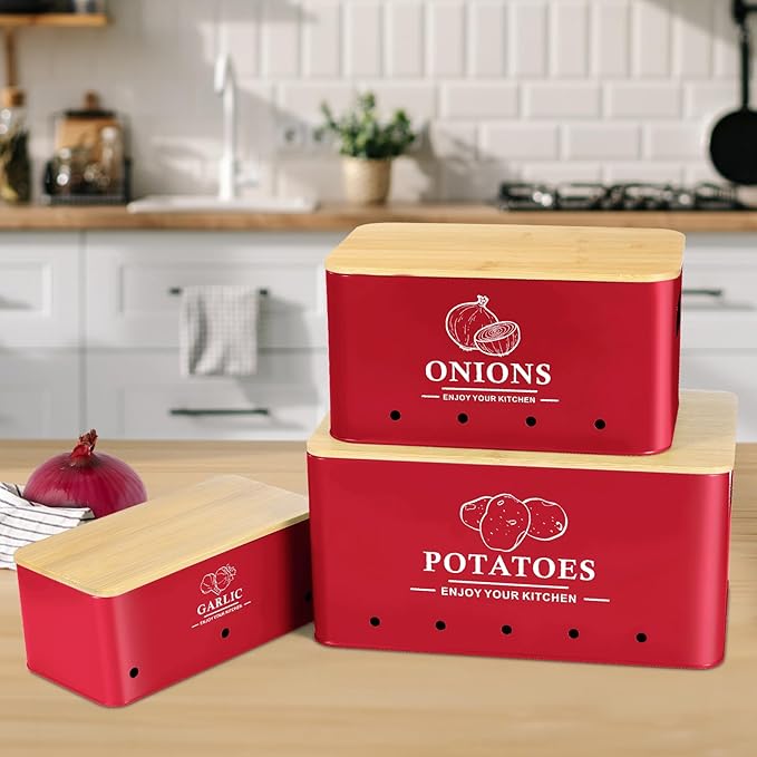 Kitchen Vegetable Storage Set of 3, Metal Onion Garlic Potato Storage Set, Red