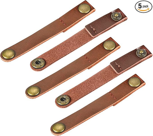 MECCANIXITY Pack of 5 Leather Cable Straps Cord Organizer 90x12mm Portable Cable Leather Clips Light Brown Earphone Cord Management for Cable, Wire