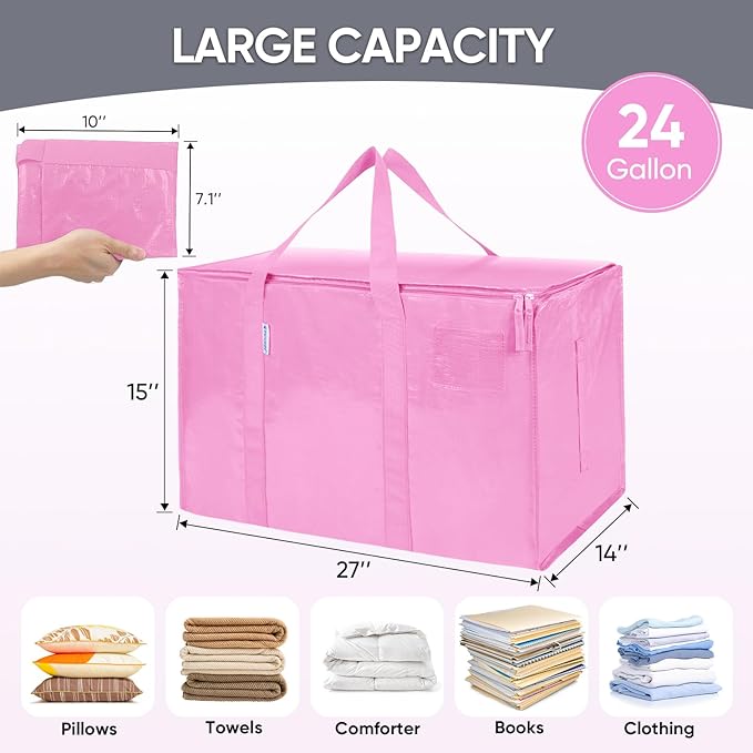 TICONN 8 Pack Extra Large Moving Bags Heavy Duty with Zippers & Carrying Handles, Durable Storage Bags Moving Boxes for Closet Organizers and Storage (8 Pack, Pink)