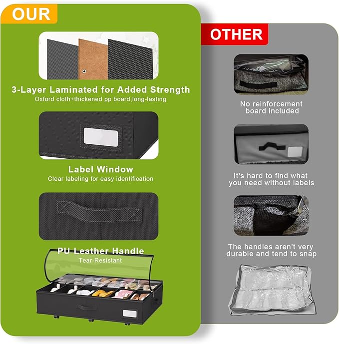 Under Bed Shoe Storage with Wheels, Fits 24 Pairs, Black